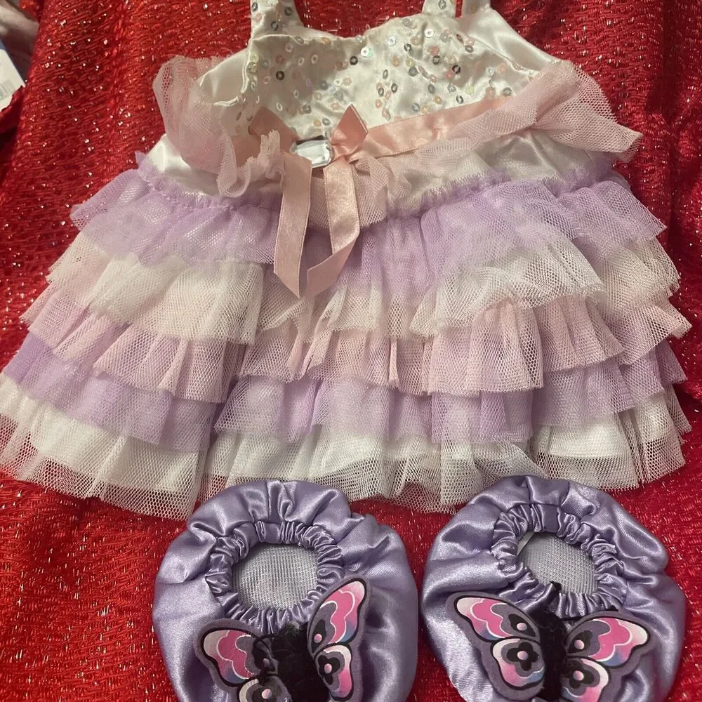 Build A Bear Workshop- Pink Lavender White Tulle Sparkle dress Butterfly Shoes